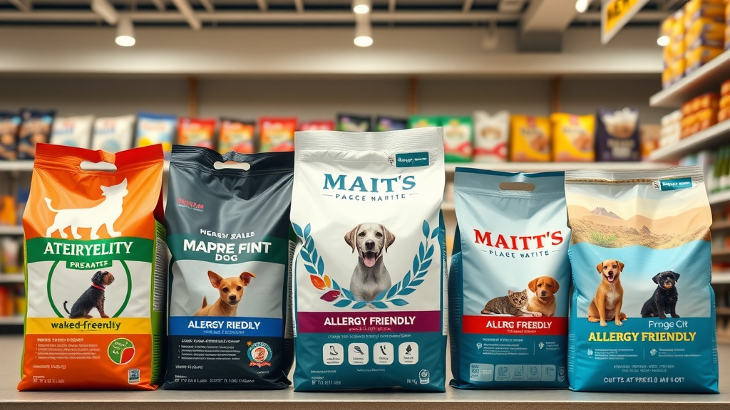 Selection of top allergy-friendly dog food brands on pet store shelf. Dog food for allergies brands, colorful packaging, photorealistic image.