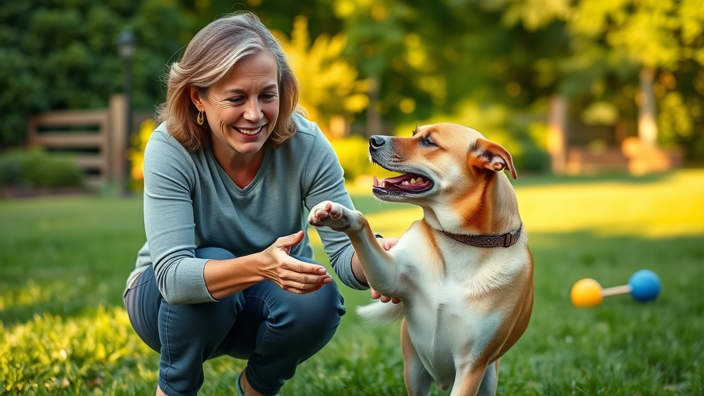 Woman assisting senior dog in gentle backyard walking exercises to improve mobility, managing dog mobility issues, sunlit grass