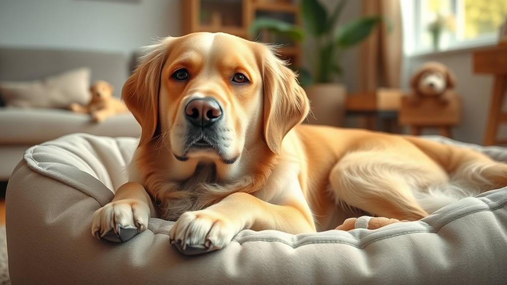 Senior dog diet recommendations: elderly golden retriever relaxing on a cozy bed in a sunlit living room