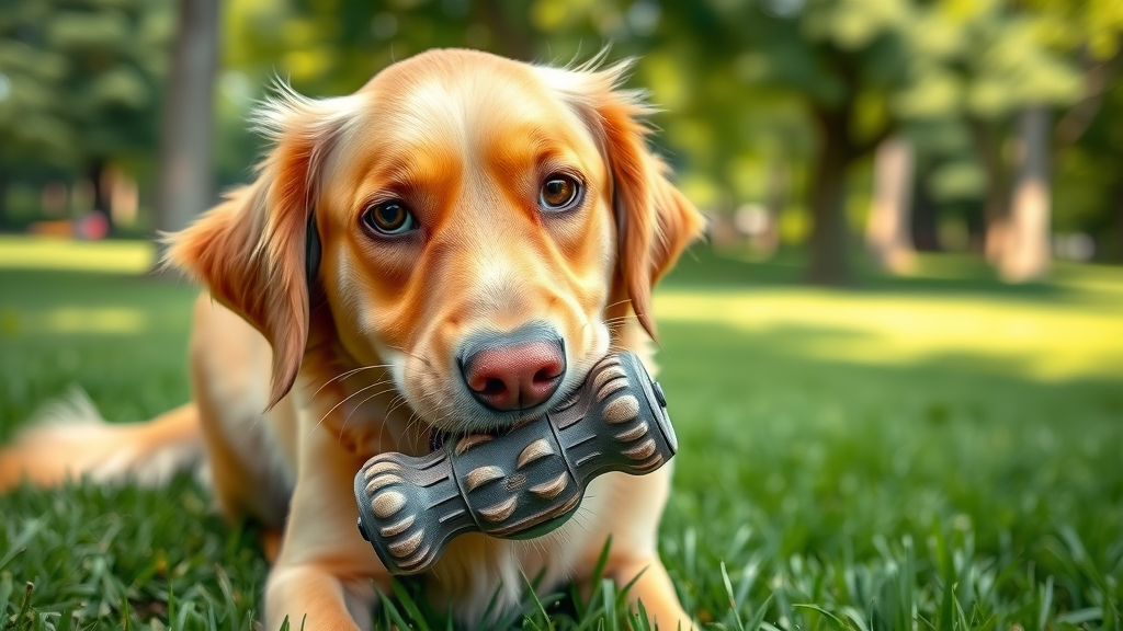 enthusiastic Golden Retriever biting a durable rubber chew toy - large dog toy brands West Paw