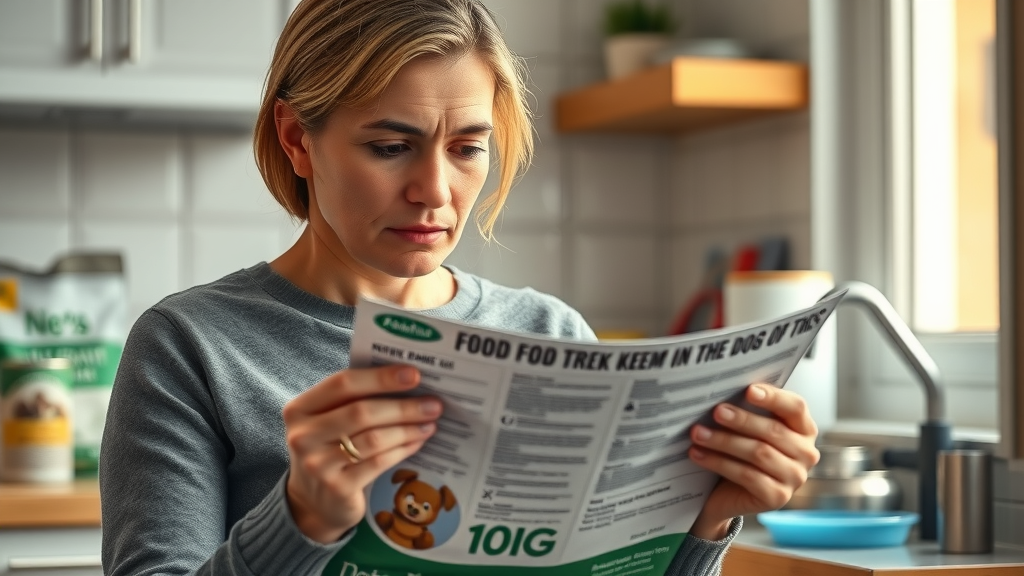concerned pet parent reading a dog food label holding a bag of kibble with kitchen background and visible food bag texture. dog food ingredients