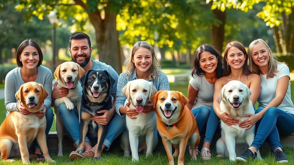 Joyful families relaxing with gentle dog breeds in a lush suburban park, showcasing dogs and people enjoying natural interactions in dappled sunlight.