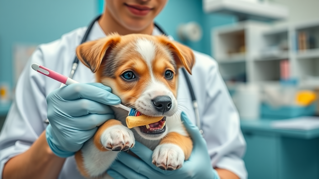 vet demonstrating puppy dental care with toothbrush and dental chew - dental care essential puppy gear