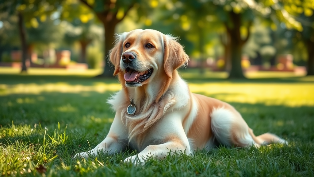 gentle senior golden retriever happy and relaxed in a sun-dappled park - senior dog exercise tips illustrative photo
