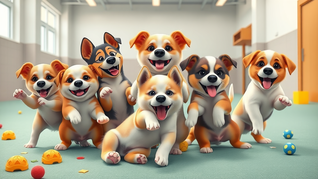 joyful puppies of different breeds wrestling and playing under watchful eye of trainer, puppy classes