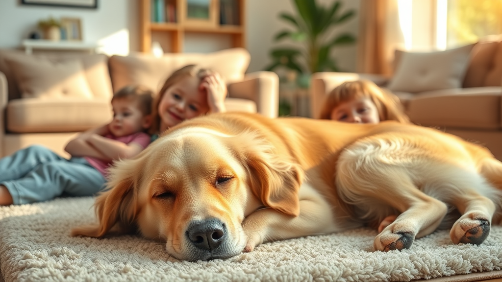 Serene golden retriever peacefully resting with children in a sunlit, cozy living room, symbolizing the ultimate gentle family dog.