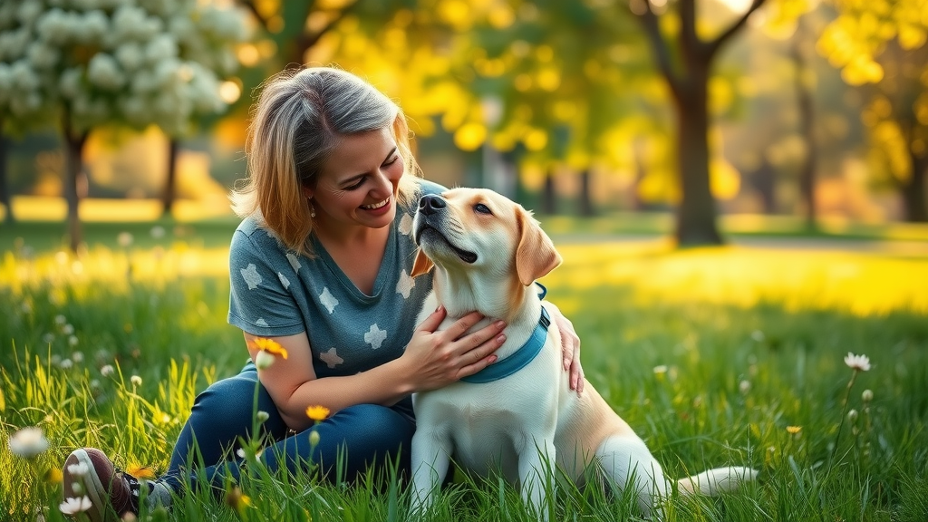 cheerful dog owner and healthy dog peaceful in park, benefits of natural healing for pets, holistic wellness