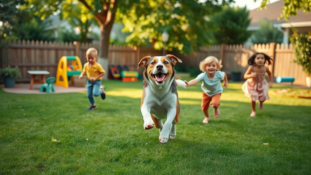 playful boxer and collie, best dogs for families, children in backyard, dogs running around, motion, garden toys and picnic, suburban home