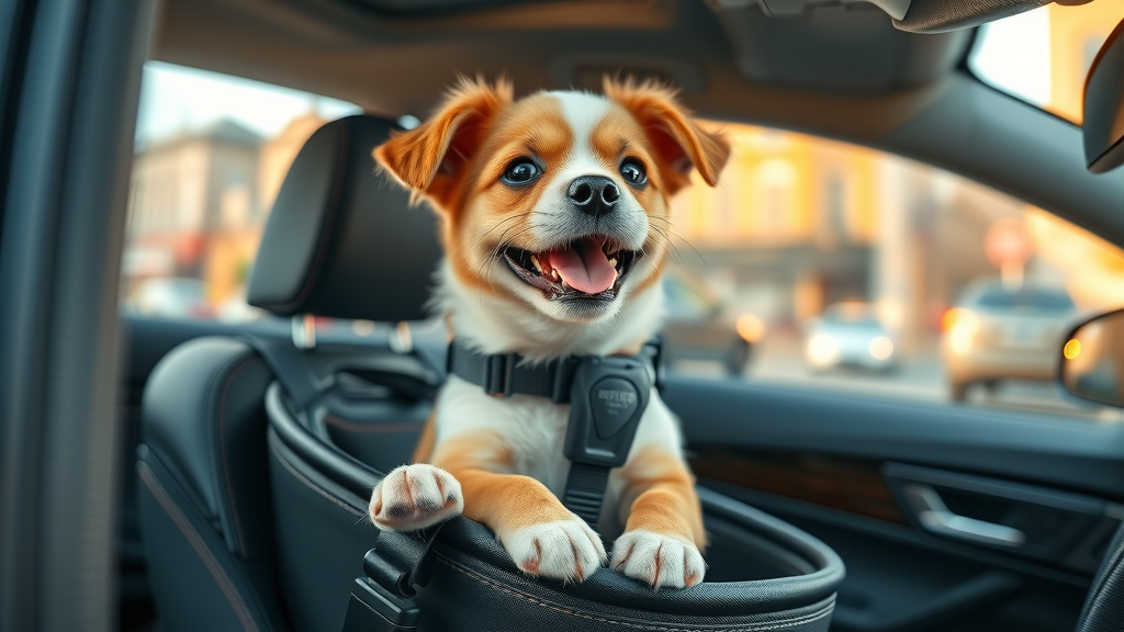 adorable puppy buckled in a dog car seat, showcasing best car seat safety product for travel