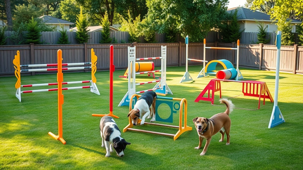 colorful dog agility equipment display, jumps, tunnels, weave poles arranged in lush backyard, inviting and friendly