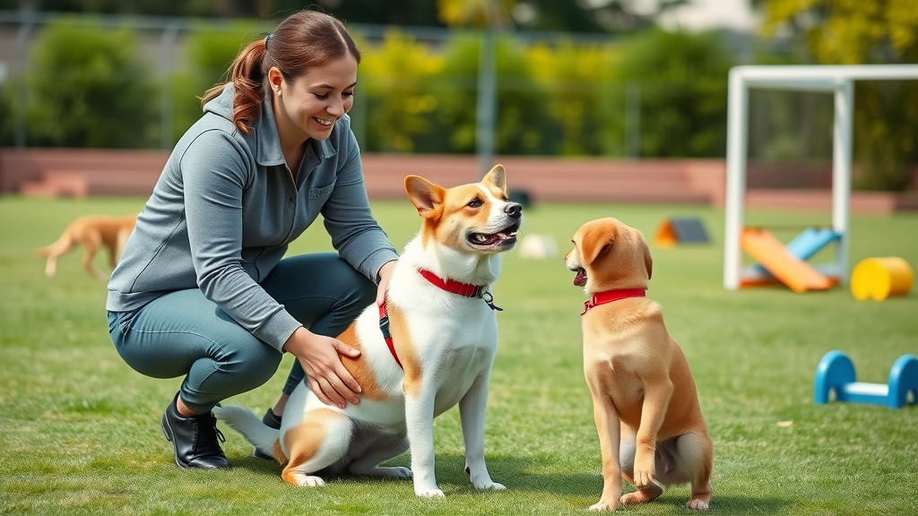 professional dog trainer guiding a child and dog through basic commands, dogs good with kids, outdoor training area, green lawn, encouragement reflected in facial expressions