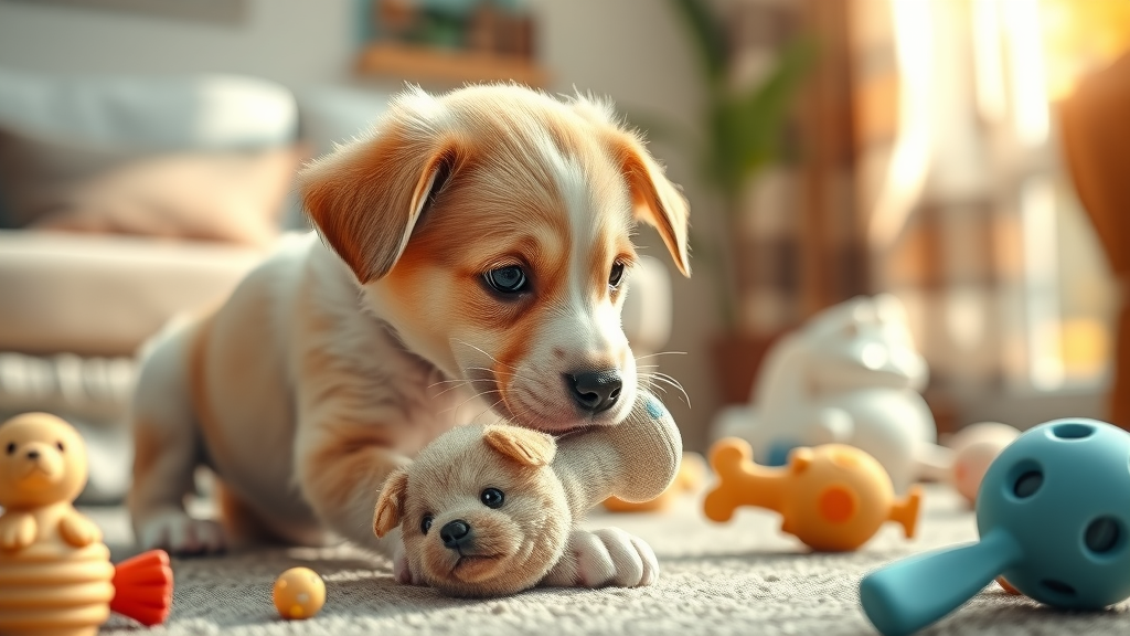 puppy socialization tips - Wholesome young puppy playfully sniffing a new toy in a cheerful living room with sunlight