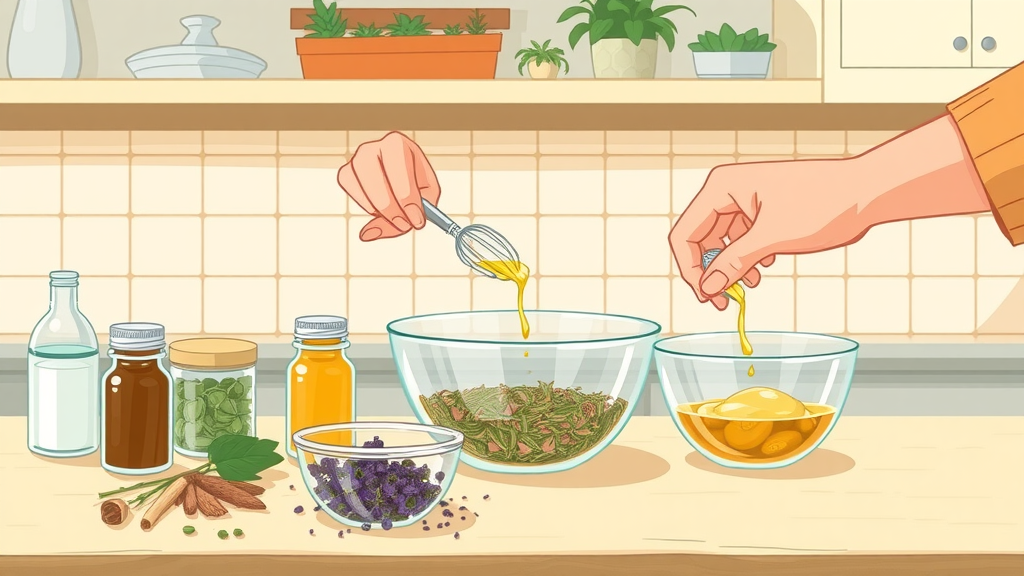 step-by-step preparation of herbal balm for dogs, safe herbal treatments, ingredients on kitchen counter