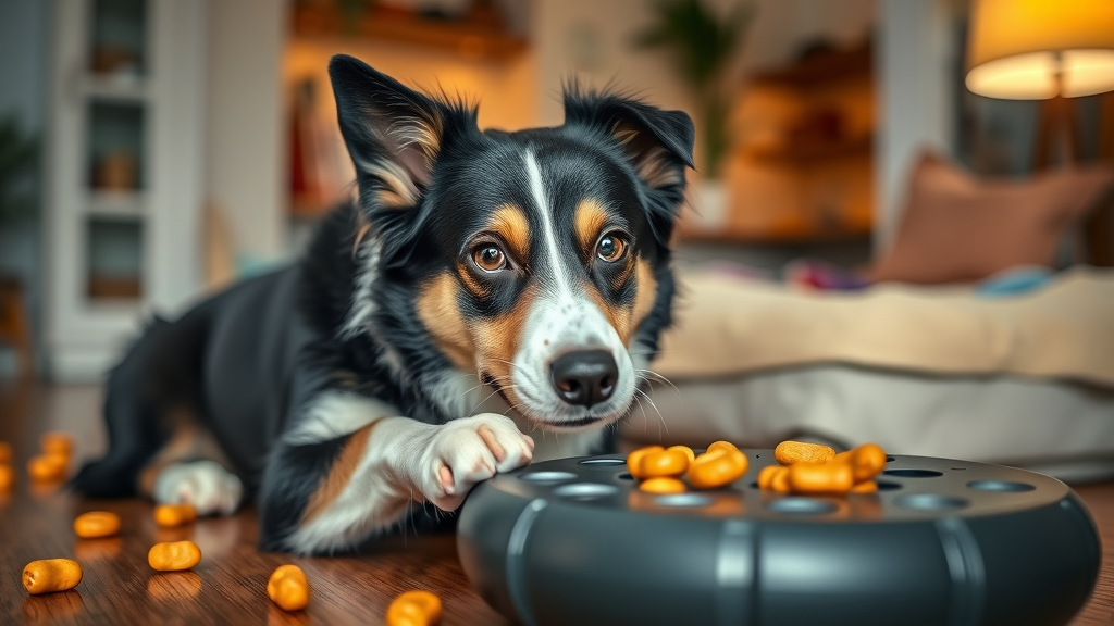curious Border Collie solving a treat-dispensing puzzle toy - mental stimulation enrichment toy