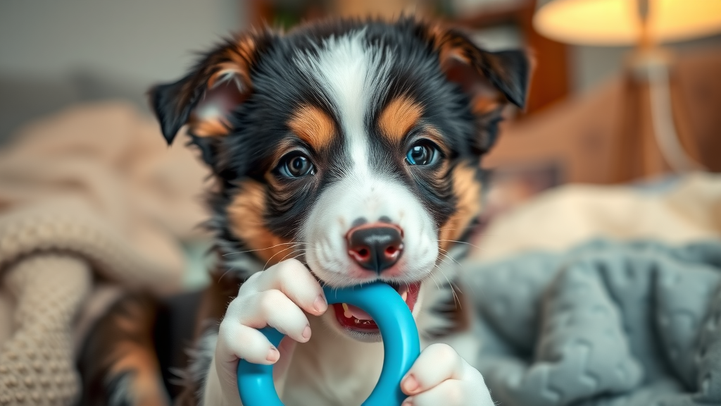 border collie puppy exploring blue teething ring puppy toys and accessories indoor setting