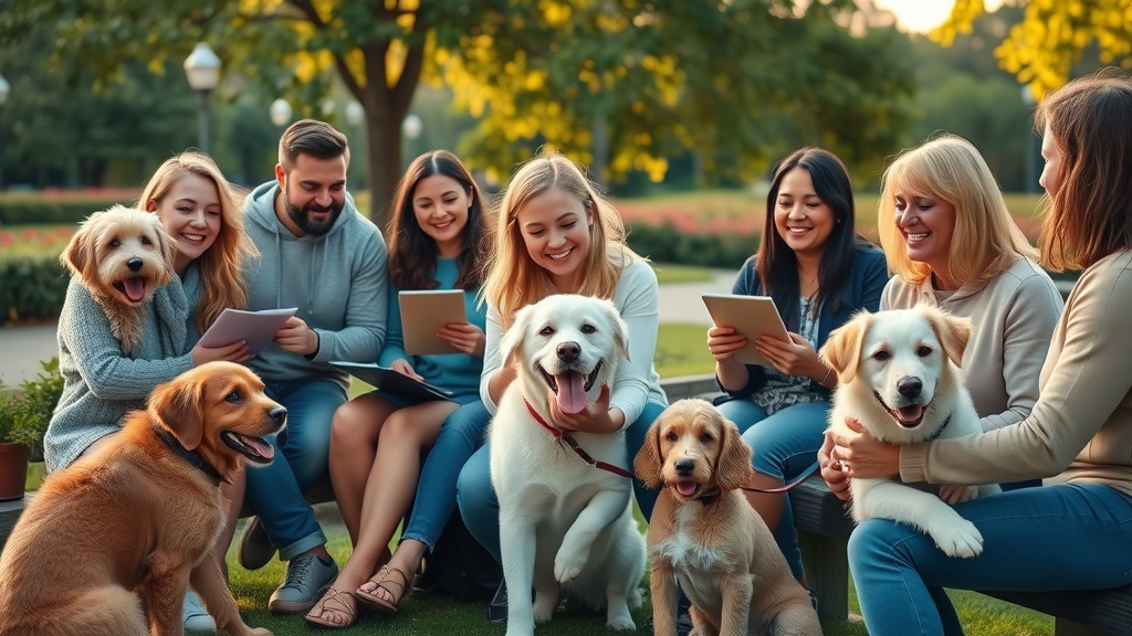 pet owners sharing holistic care tips for dogs in a community park