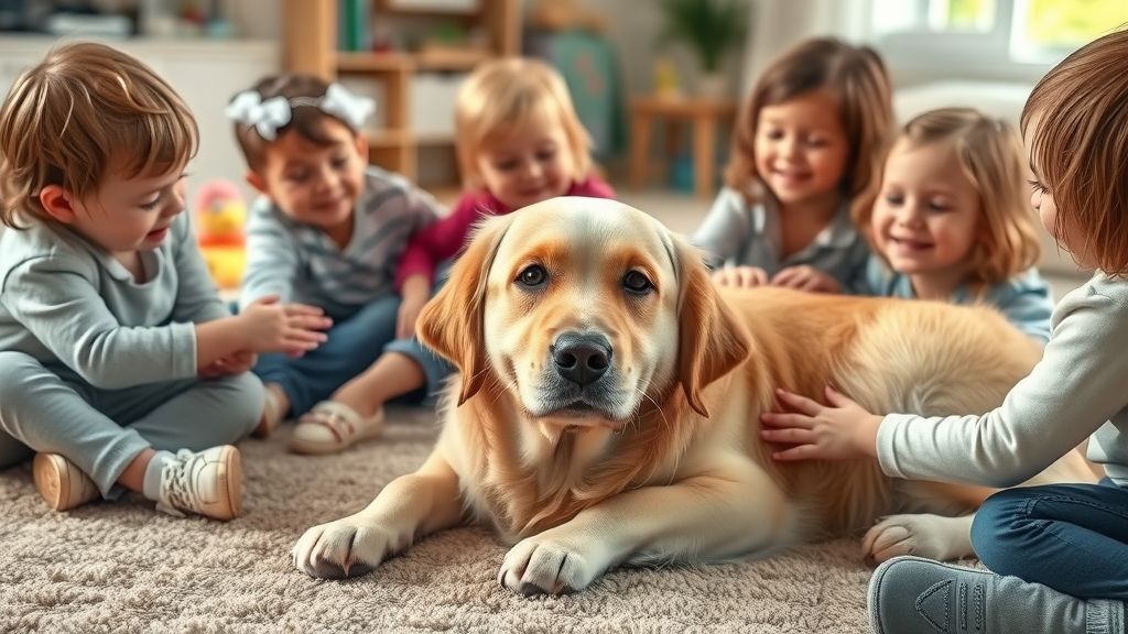 friendly Golden Retriever lying on the floor while several small children gently pet its fur, dogs good with kids, warm home environment, tail wagging, bright natural light