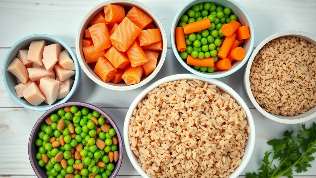 nutritious dog food ingredients, cuts of chicken, salmon, carrots, peas, brown rice in bowls, clean kitchen. dog food ingredients
