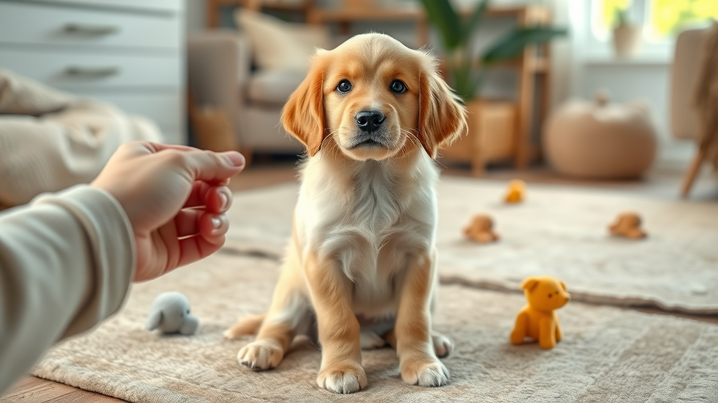 Cheerful golden retriever puppy, sitting attentively with trainer’s hand holding a clicker, puppy training supplies in cozy home interior.