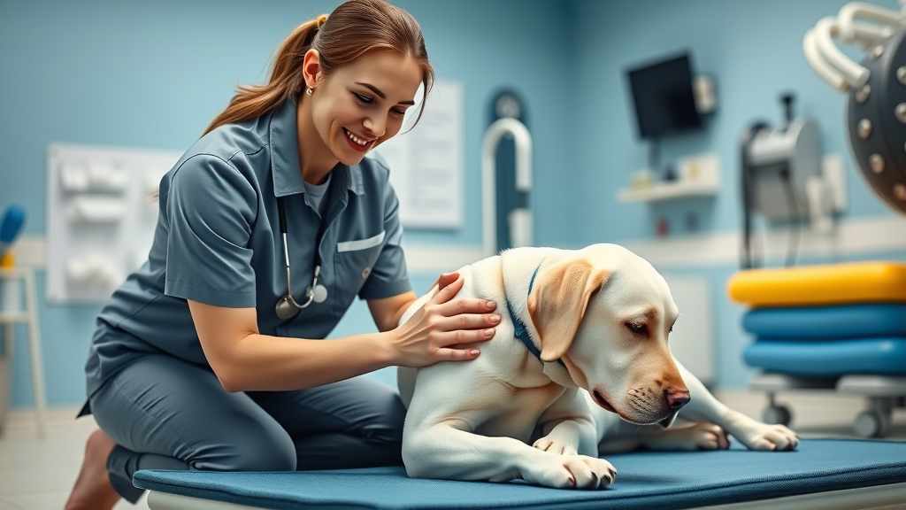 Physical therapist assisting senior Labrador during therapy—laser therapy and physical therapy for managing dog mobility issues, veterinary clinic