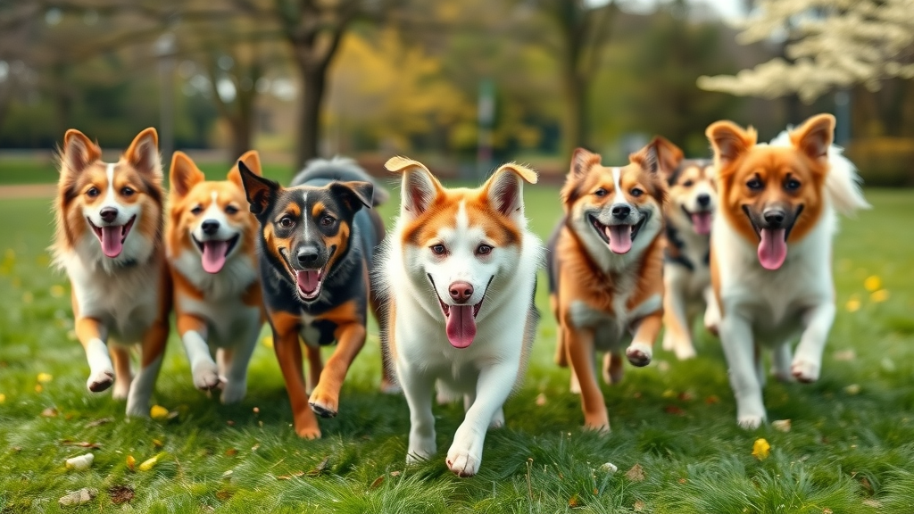 vibrant group of social dog breeds outdoors, joyful expressions, playing fetch with their owners in a park, wide grassy background with spring flowers and trees, social dog breeds