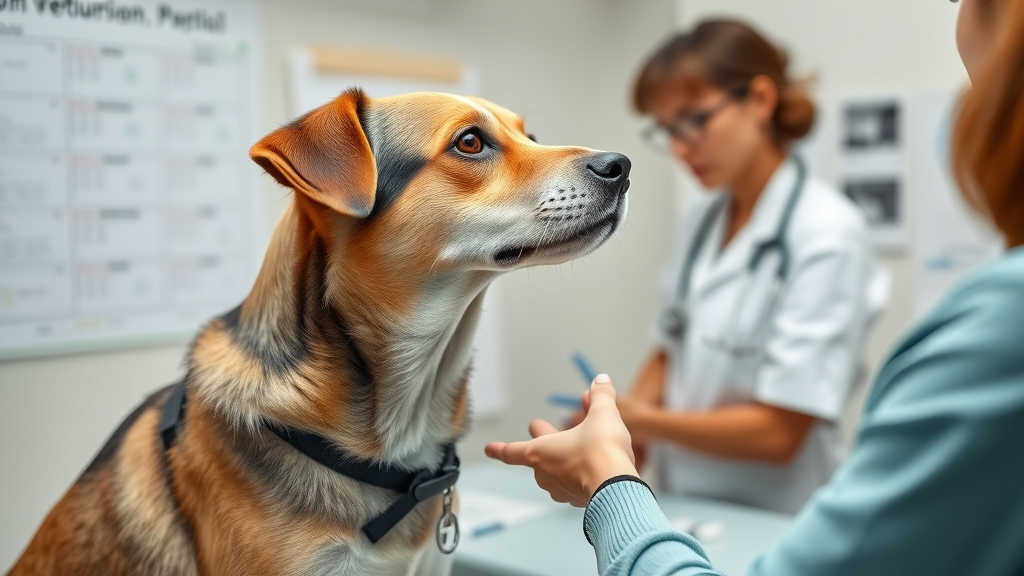 alert dog being assessed by veterinary behaviorist for behavior modification for dogs in clinic