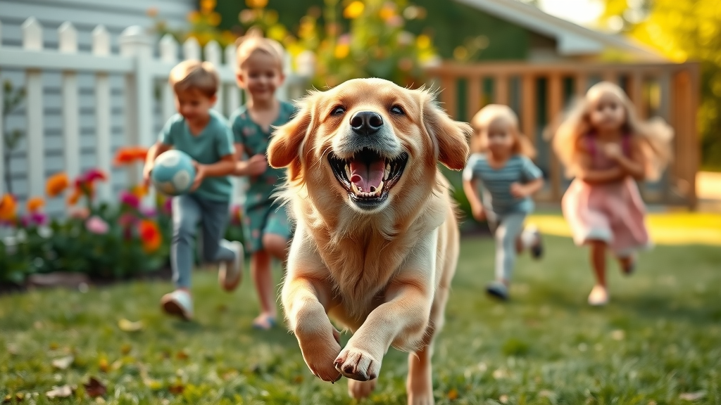 joyful golden retriever playing fetch with children, friendly dog breed running in a suburban backyard
