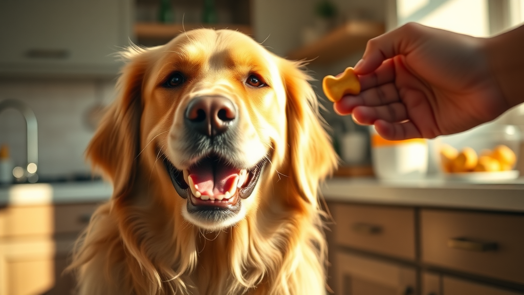 eager Golden Retriever receiving dog training treat for fast learning
