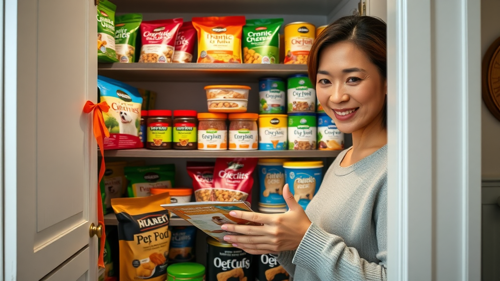pet owner examining a pantry shelf filled with various labeled dog food brands and organic treats under bright lighting
