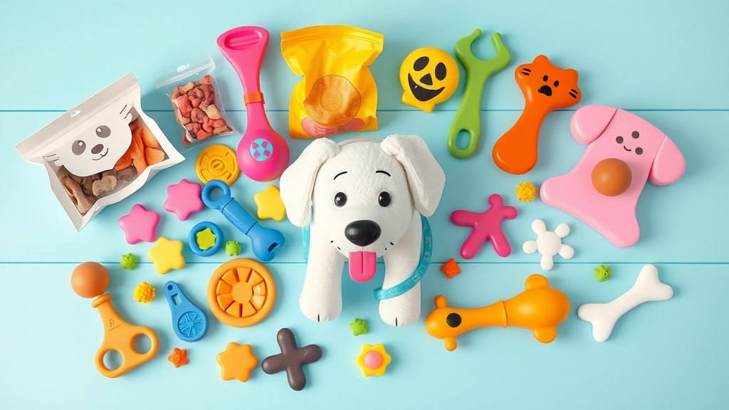 array of positive reinforcement dog training tools, treats, clickers, interactive toys on blue background