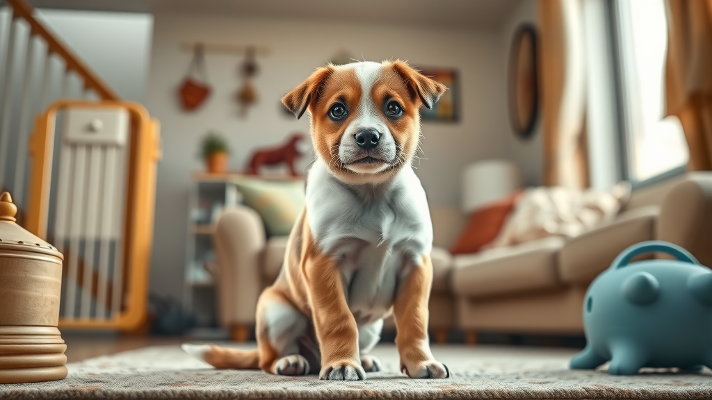 concerned puppy in a cozy living room near household hazards and pet-safe features, highlighting puppy safety products