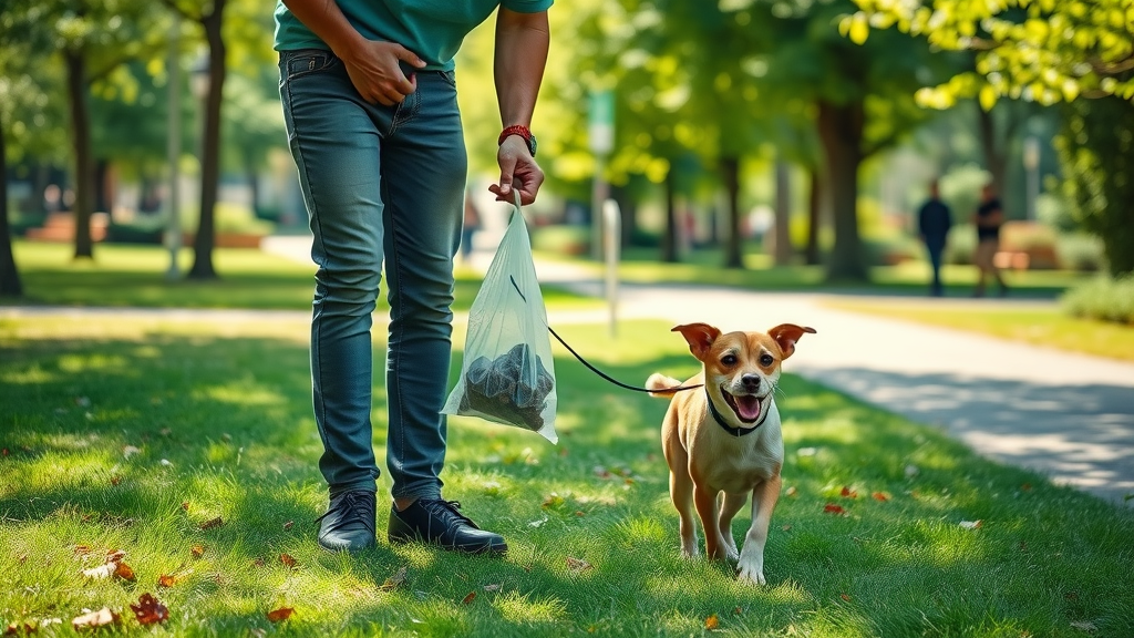dog owner in a city park cleaning up after energetic puppy using biodegradable poop bag - poop bags essential puppy gear