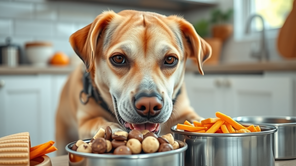 Senior dog diet recommendations: close-up of senior dog eating a mix of wet and dry food in a home kitchen setting