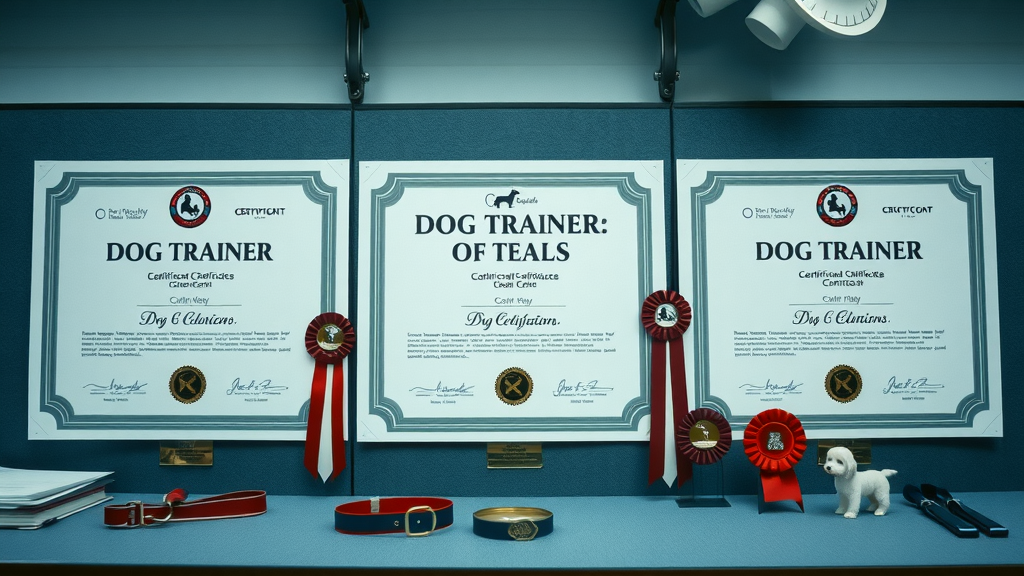 dog trainer certifications display with certificates and awards for professional dog trainers