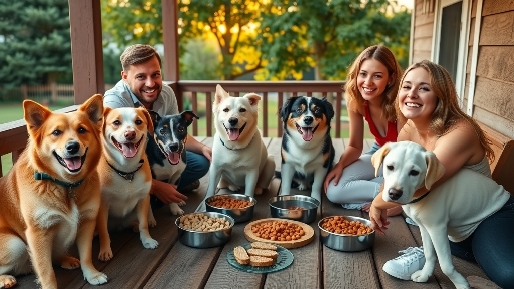 happy family with several dog breeds enjoying grain-free and regular dog food in separate bowls on an outdoor deck