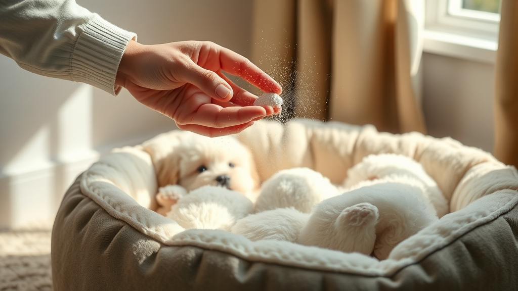 dusting diatomaceous earth on pet bedding, natural flea and tick prevention