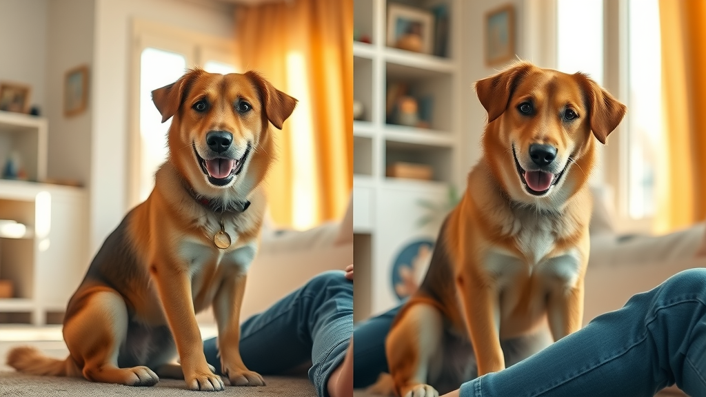 transformed rescue dog before and after positive reinforcement training, confident with owner, happy dog behavior