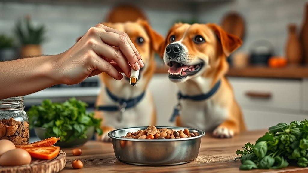 dog owner adding natural supplement to homemade dog food, happy dog waiting, emphasizing practical approach to dog nutrition and natural supplements