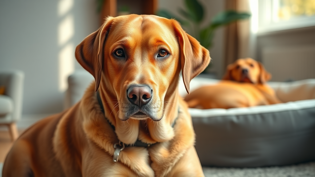 senior Labrador Retriever with arthritis resting on orthopedic dog bed in cozy living room