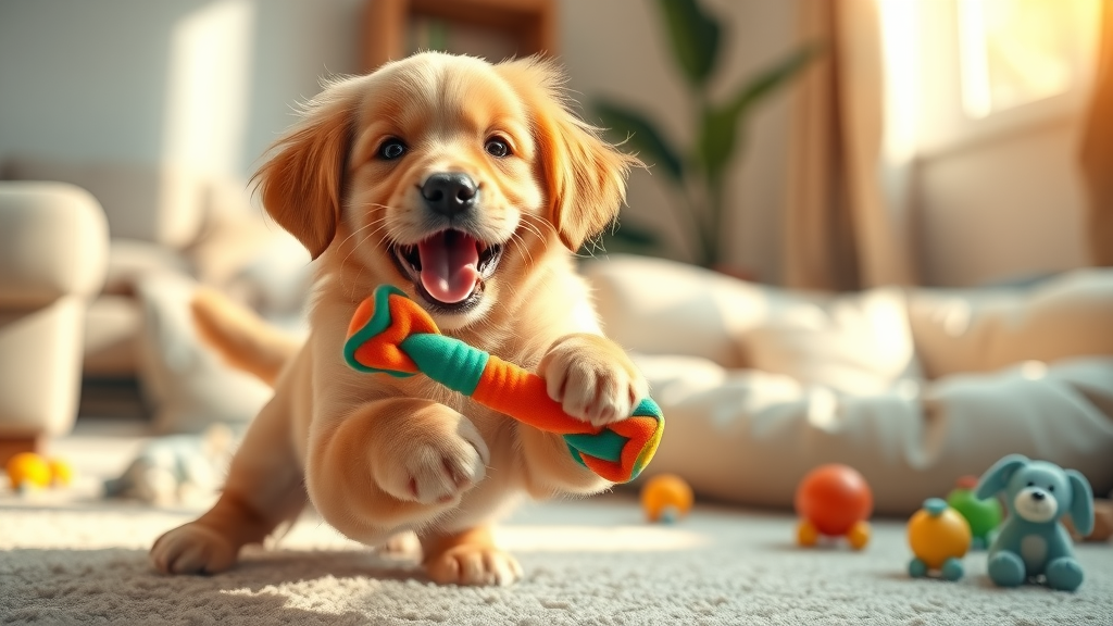 playful golden retriever puppy enjoying colorful chew toy in sunlit living room with puppy toys and accessories