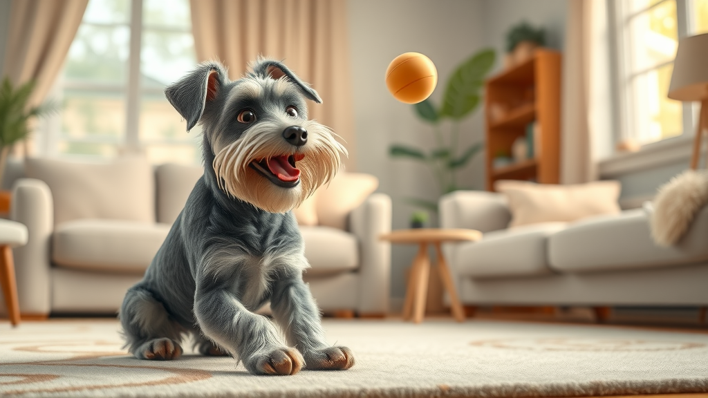 playful senior schnauzer playing fetch with a soft toy indoors - practical indoor exercise for senior dogs