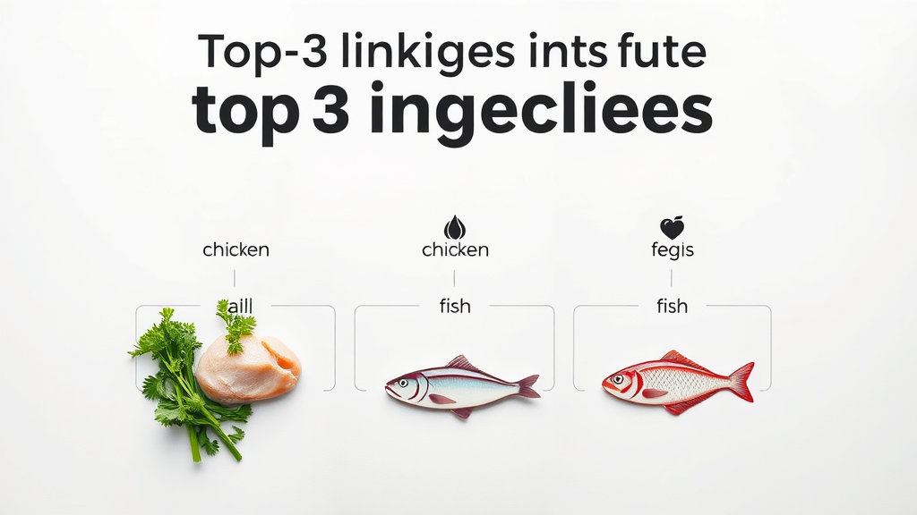 infographic of top three ingredients dog food rule, icons for chicken, fish, vegetables. dog food ingredients, food label