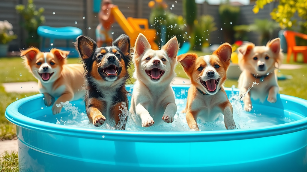 Energetic dogs splashing in a kiddie pool enjoying water games for dogs