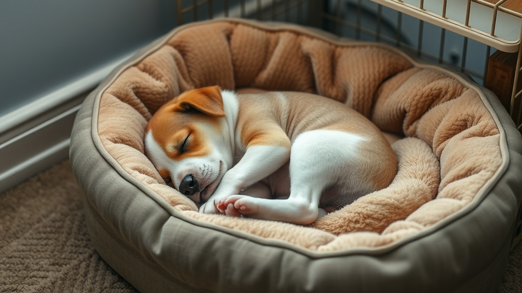 Sleepy puppy curled up in a plush dog bed, peaceful and dozing beside a crate in a quiet family room corner