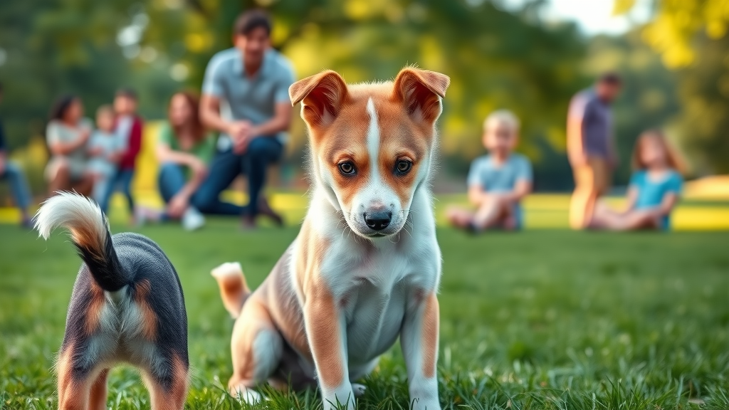 puppy socialization tips - Confident puppy calmly greeting another dog and a child at park
