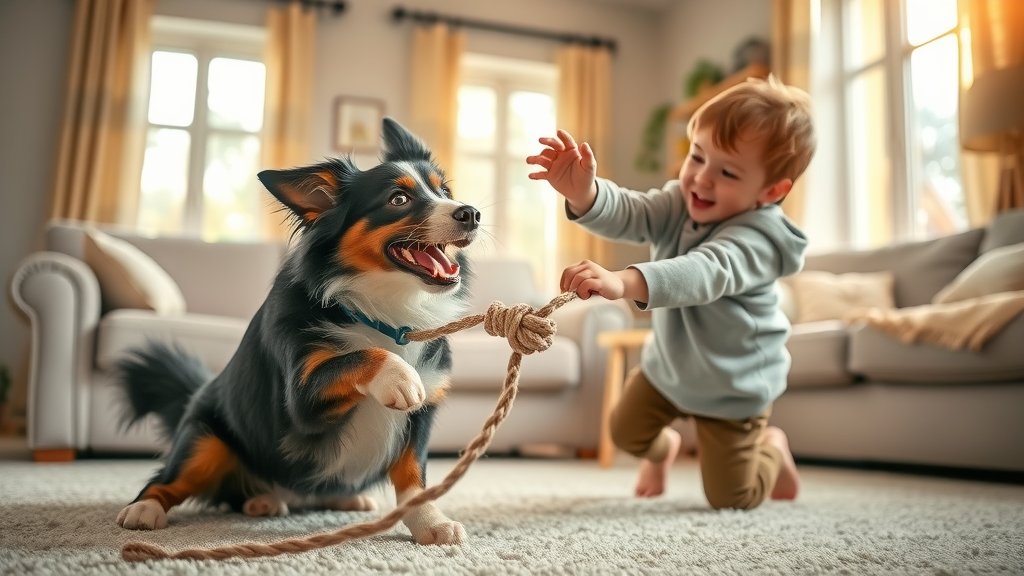 border collie and child playing tug of war - games to play with dogs at home