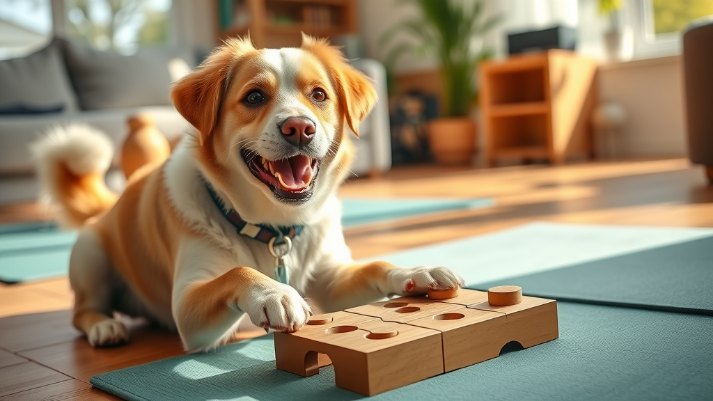 Joyful older dog playing with a puzzle toy to slow the progress of canine cognitive dysfunction, focused and engaged in mental exercise