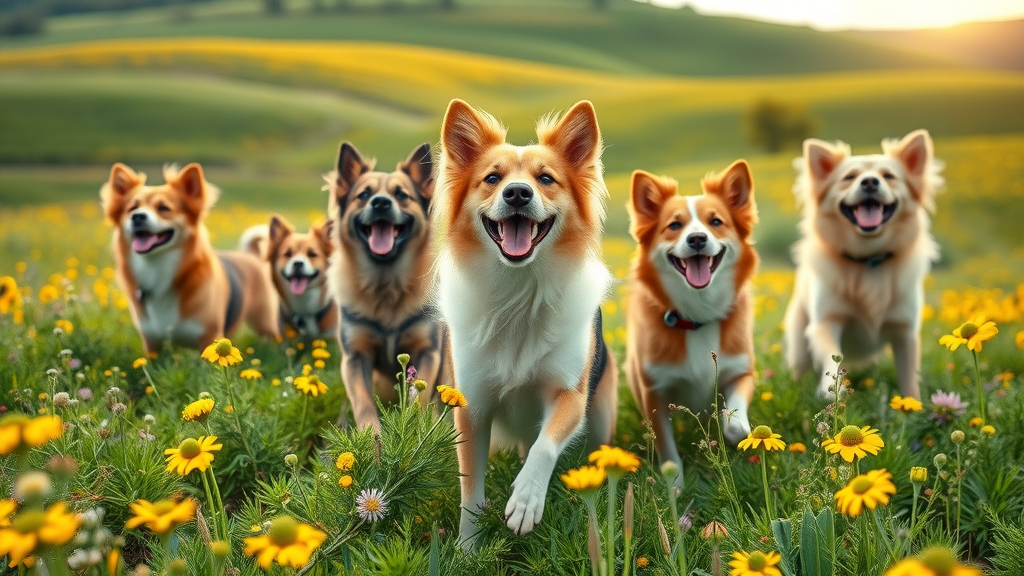 dogs playing in herbal meadow, happy healthy dogs after herbal treatments, vibrant field