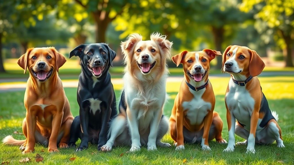 group of top friendly dog breeds, labrador, cavalier king charles spaniel, and beagle, sitting together playfully in a lush park