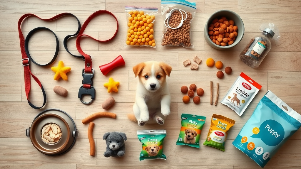 organized flat lay of essential puppy gear including leash, collar, chew toy, food bowl, puppy food, pads, and treats - essential puppy gear